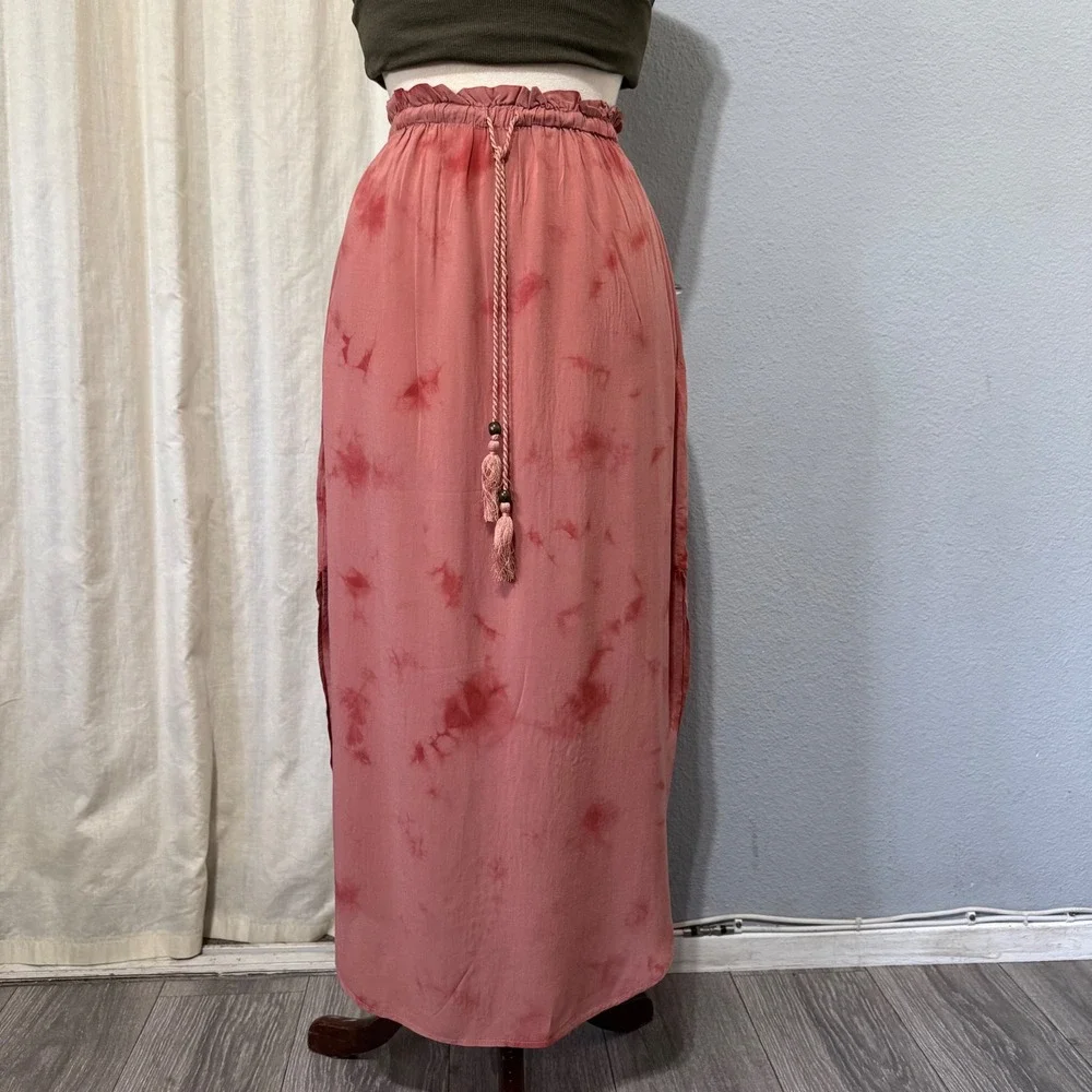 BB Dakota Tie Dye Pink Boho Flowy High Waist Slit Midi Skirt S‎ Elastic Waist